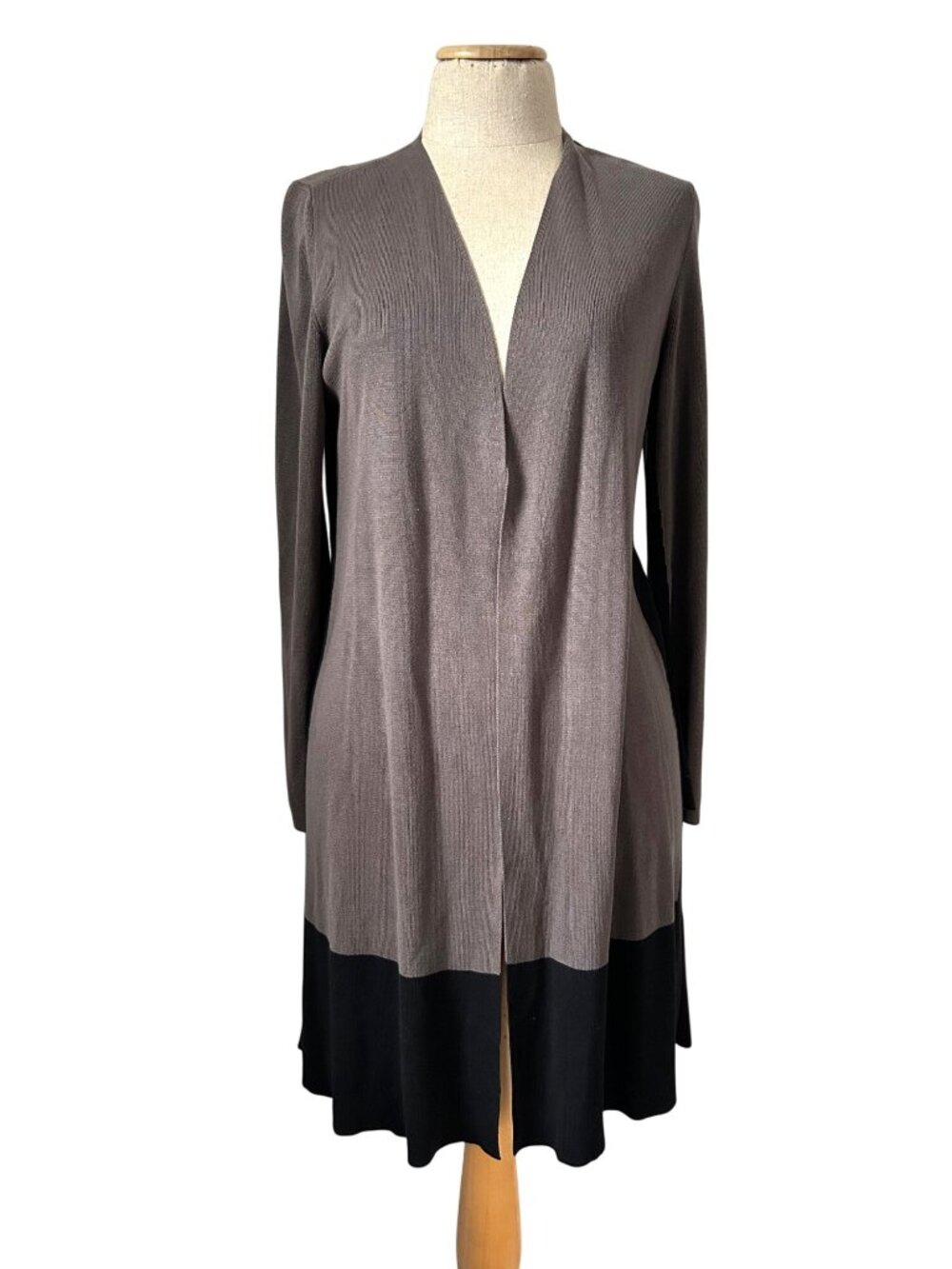 Eileen Fisher Women's Sz Small Open Front Long Cardigan Brown & Black Colorblock